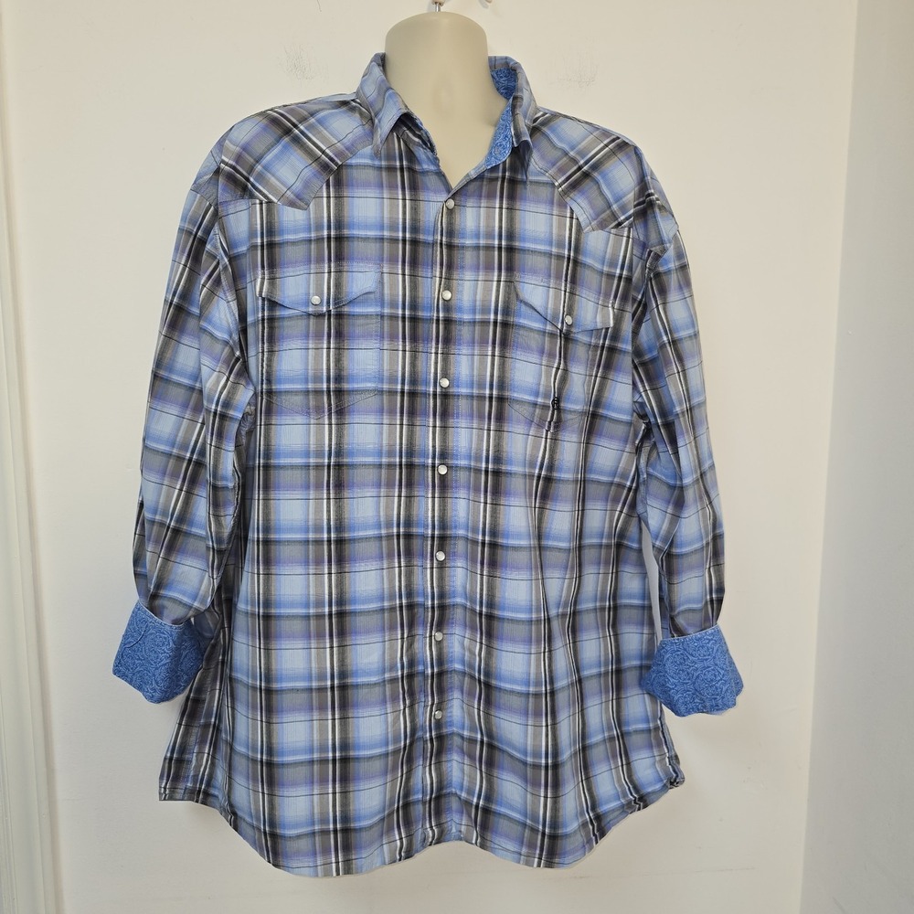 Roper Mens Western Style Pearl Snap Front Shirt Sz 3XL Blue Plaid Contrast Cuffs